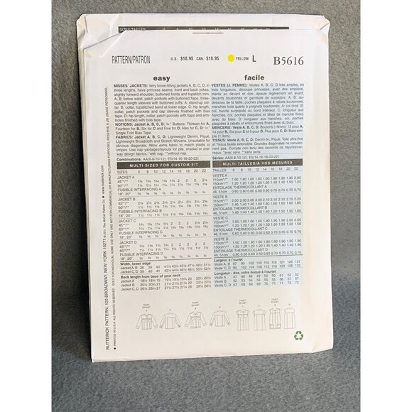 Butterick Misses Jacket Sewing Pattern sz 14-22 B5616 - uncut - Picture 3 of 3